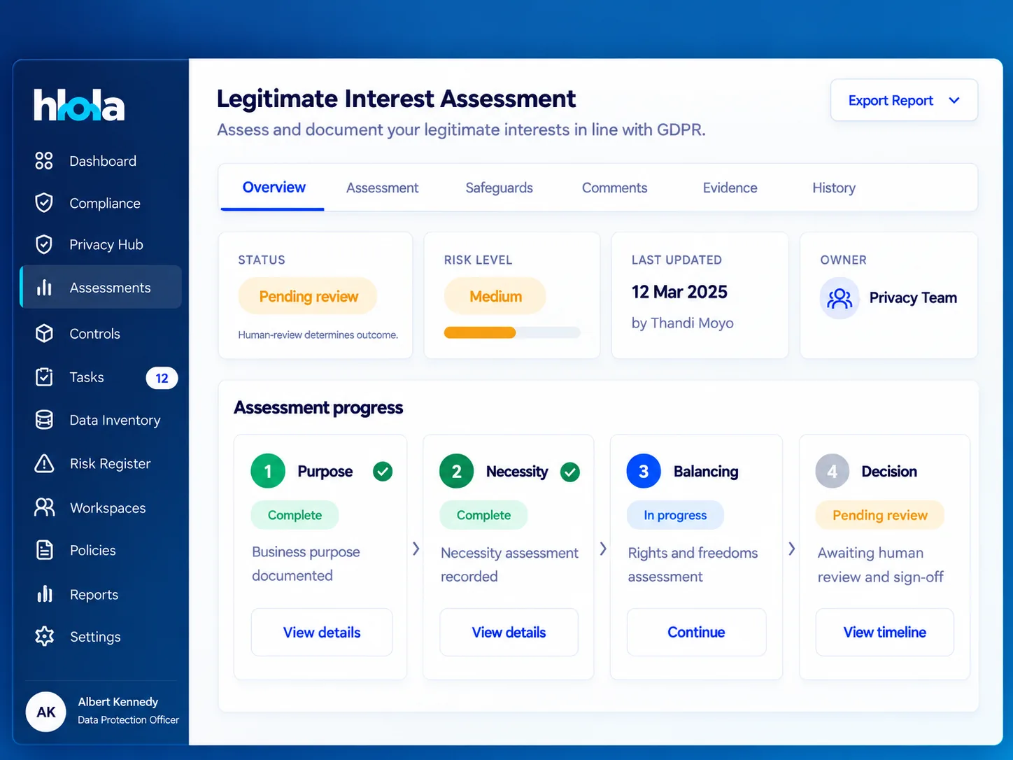 A legitimate interest assessment in hlola: status, risk level and owner, with progress through purpose, necessity, balancing and decision