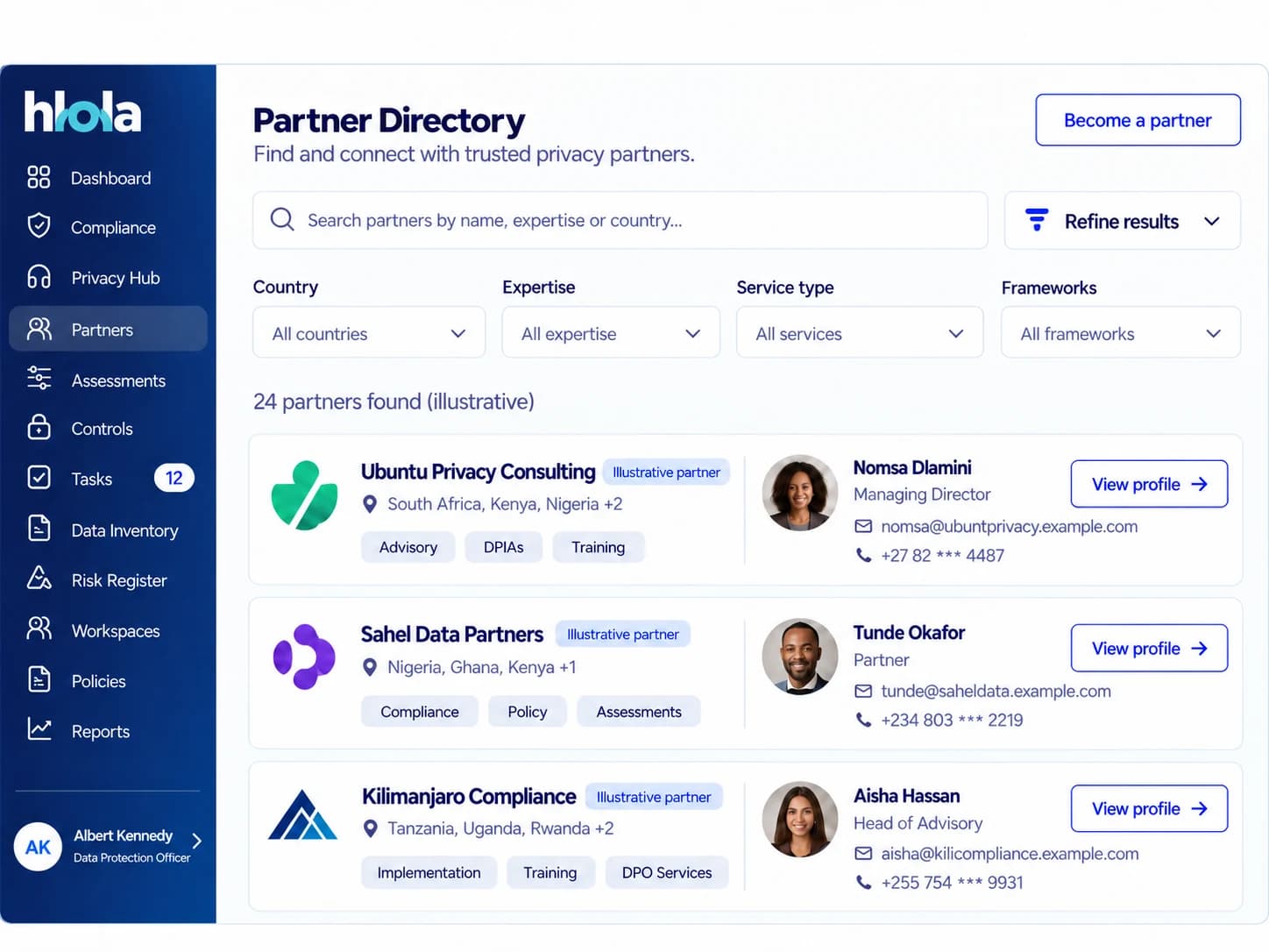 hlola partner directory: search partners by country, expertise, service type and framework