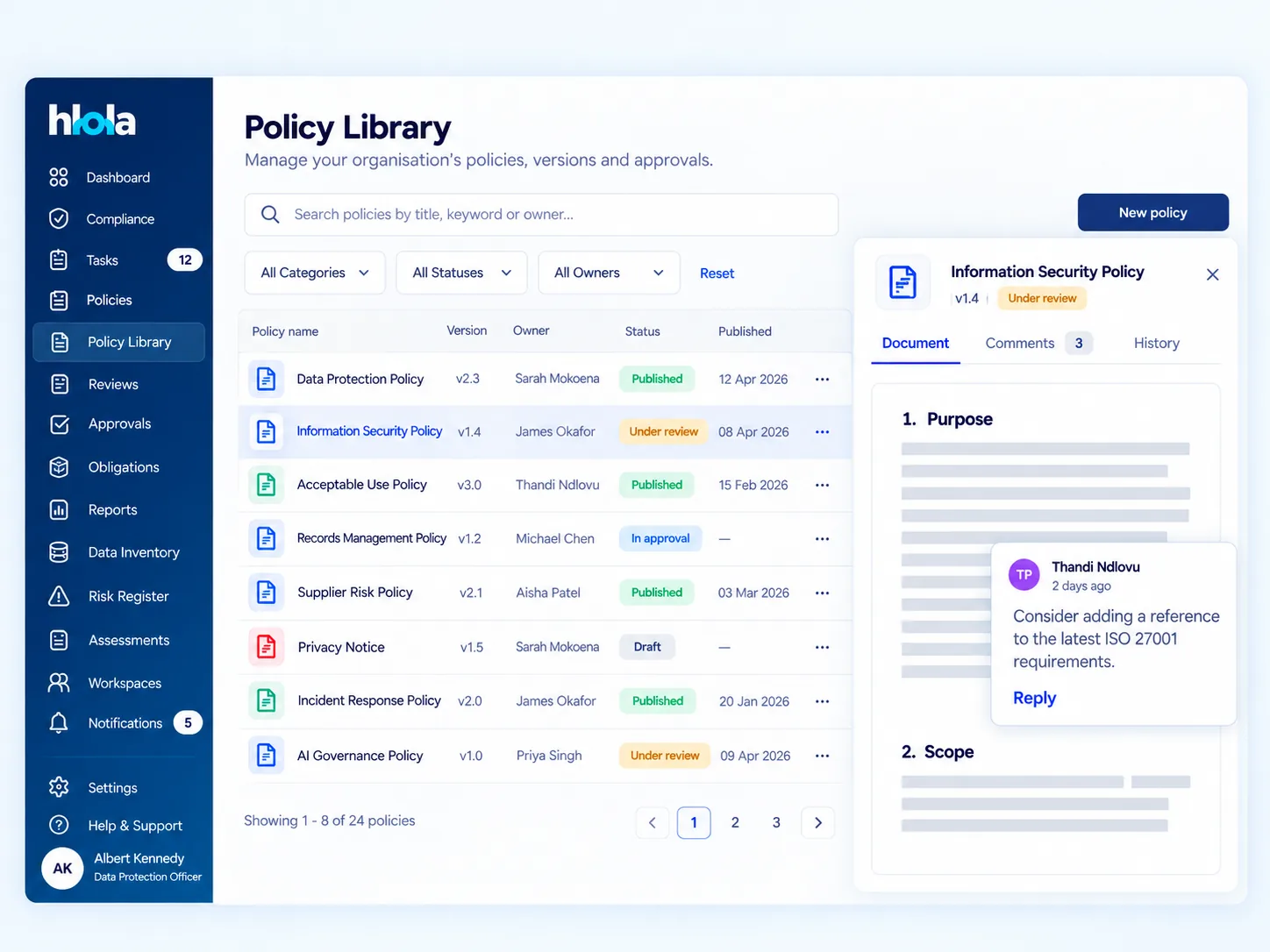 hlola policy library: policies with version, owner, status and publish date, and a policy under review with reviewer comments