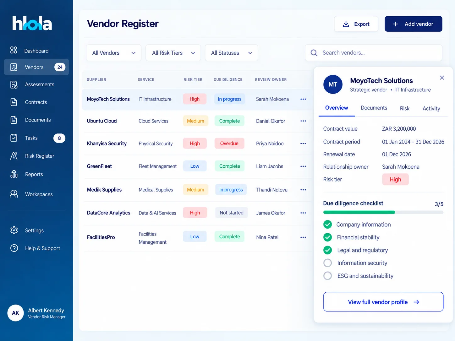 hlola vendor register: suppliers by risk tier and due diligence status, with a vendor's contract details and due diligence checklist